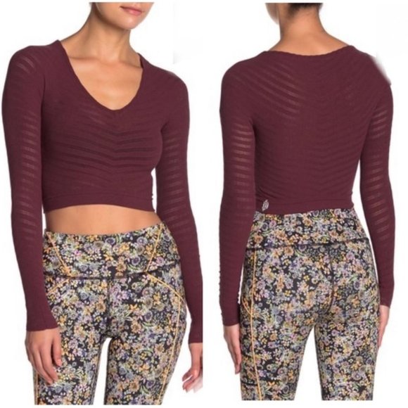 Free People Movement Gone Adrift Long Sleeve Shirt Red Crop Top Lounge Yoga XS - Picture 1 of 5